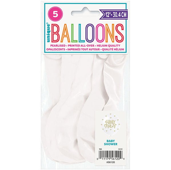 "Baby Shower" Gold & White Pearl Balloons 30cm (Pack of 5) - The Party Marketplace