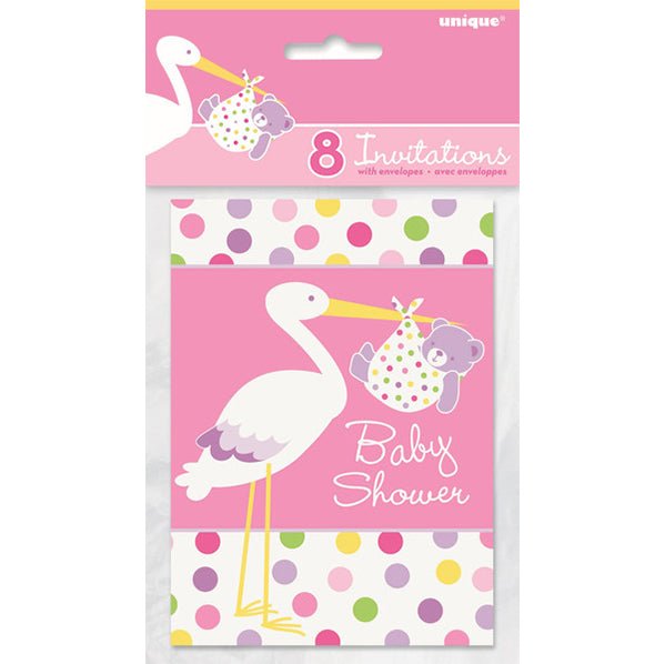 Baby Shower Stork Pink Invitations (Pack of 8) - The Party Marketplace