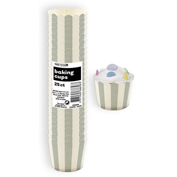 Baking Cups - Stripes Silver (Pack of 25) - The Party Marketplace