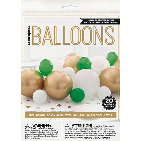 Balloon & Confetti Centrepiece Kit - Gold, White & Green (20 piece set) - The Party Marketplace