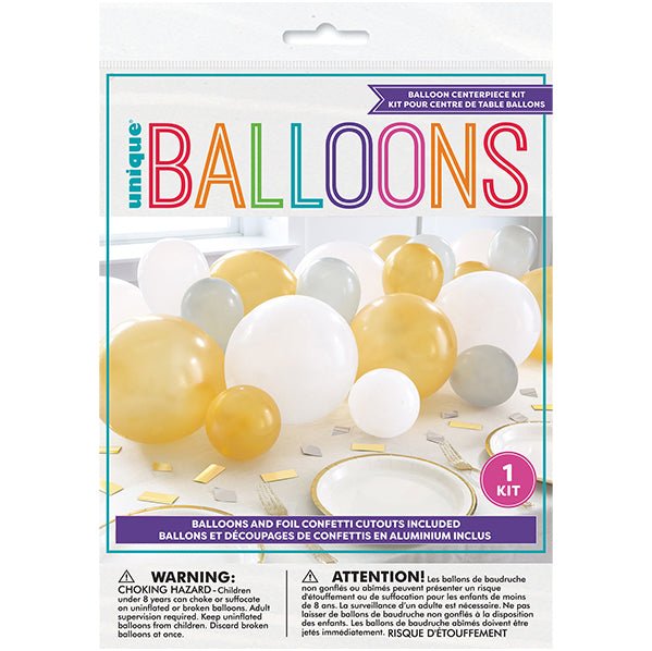 Balloon & Confetti Centrepiece Kit - Gold, White & Silver (20 piece set) - The Party Marketplace