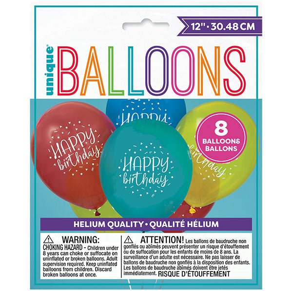 Balloon Party "Happy Birthday" Assorted Colour Balloons 30cm (Pack of 8) - The Party Marketplace