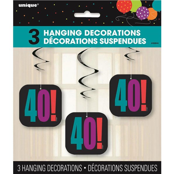 Birthday Cheer "40" Hanging Swirl Decorations (Pack of 3) - The Party Marketplace