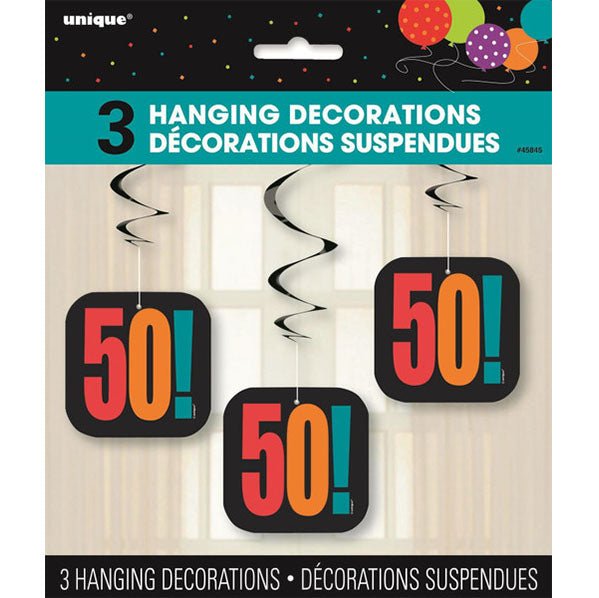 Birthday Cheer "50" Hanging Swirl Decorations (Pack of 3) - The Party Marketplace