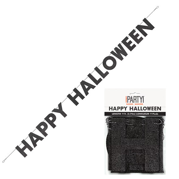 Black Glitter "Happy Halloween" Jointed Banner - 2.74m - The Party Marketplace