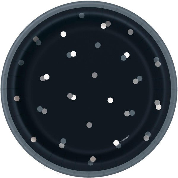 Black & Silver Dot Paper Plates 18cm (Pack of 8) - The Party Marketplace