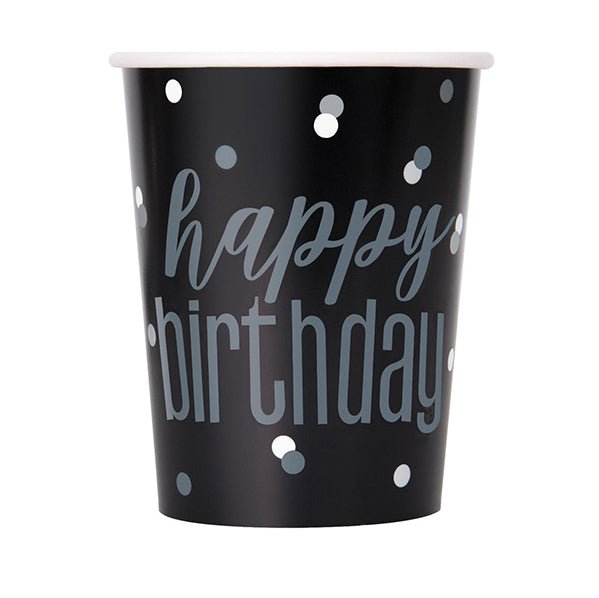 Black & Silver "Happy Birthday" Paper Cups 270ml (Pack of 8) - The Party Marketplace