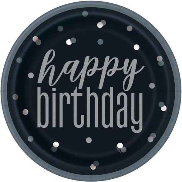Black & Silver "Happy Birthday" Paper Plates 23cm (Pack of 8) - The Party Marketplace