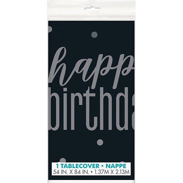 Black & Silver "Happy Birthday" Printed Tablecover 137cm x 213cm - The Party Marketplace
