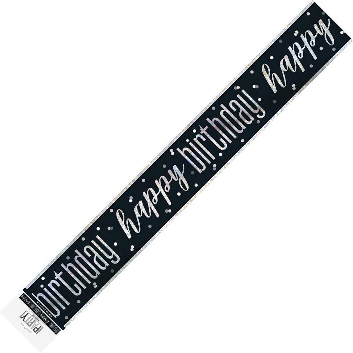 Black & Silver "Happy Birthday" Prismatic Foil Banner - 2.74m - The Party Marketplace