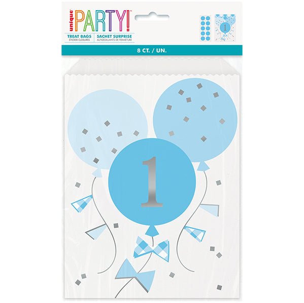 Blue Gingham "1st Birthday" Foil Stamped Treat Bags with Sticker Closures (Pack of 8) - The Party Marketplace