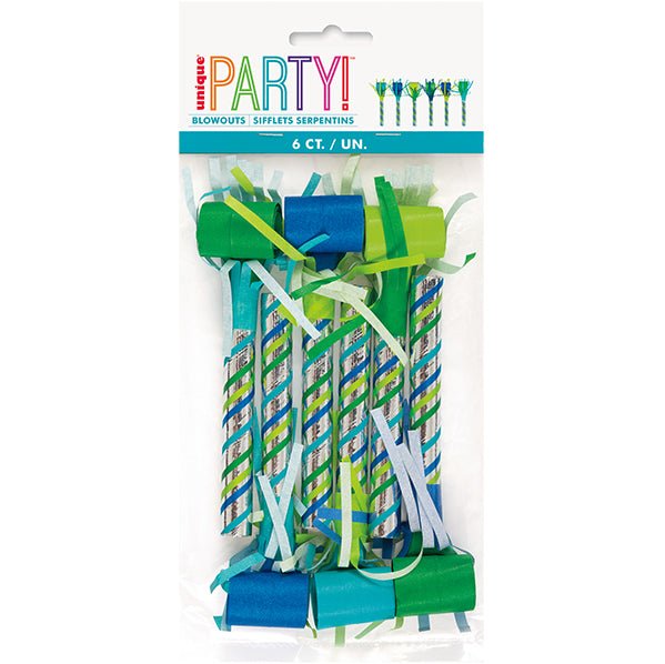 Blue & Green Stripe Fringed Blowouts (Pack of 6) - The Party Marketplace