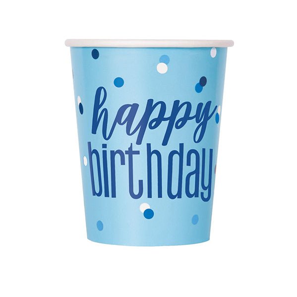 Blue "Happy Birthday" Paper Cups 270ml (Pack of 8) - The Party Marketplace