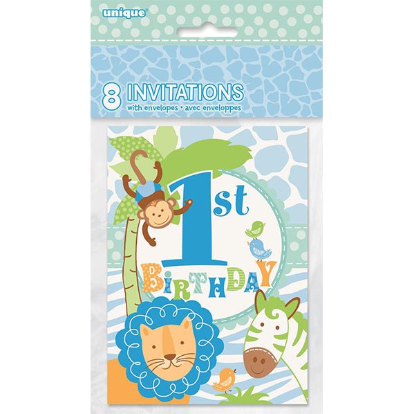 Blue Safari 1st Birthday Invitations (Pack of 8) - The Party Marketplace