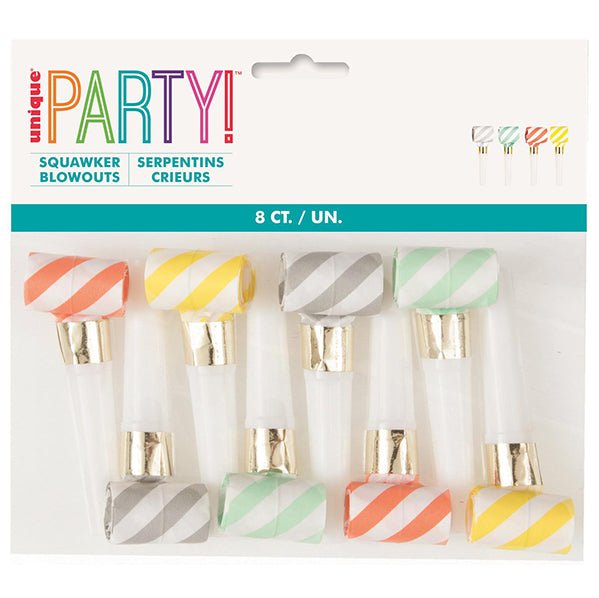 Bright Stripe Squawker Blowouts - Assorted Colours (Pack of 8) - The Party Marketplace
