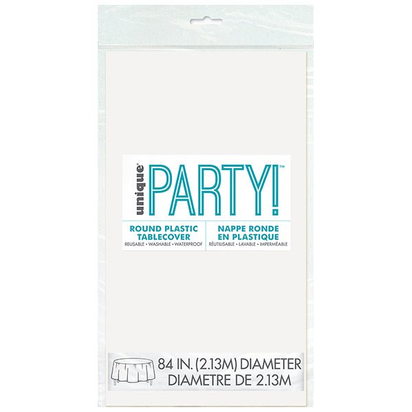 Bright White Round Plastic Tablecover 213cm - The Party Marketplace