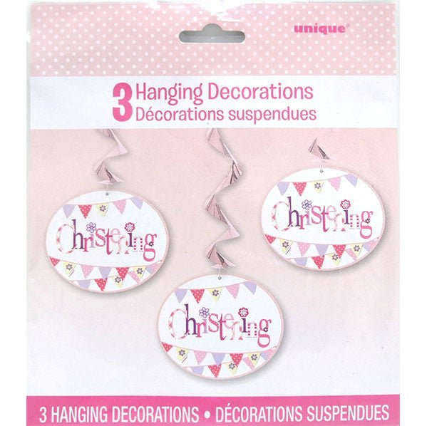 Christening Pink Hanging Swirl Decorations (Pack of 3) - The Party Marketplace