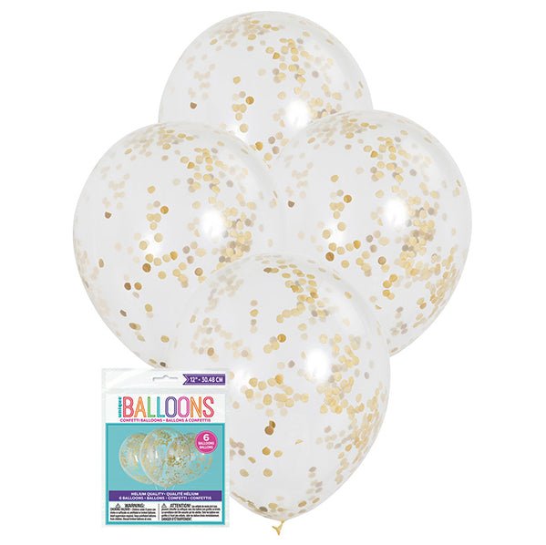 Clear Balloons With Gold Confetti Balloons 30cm (Pack of 6) - The Party Marketplace