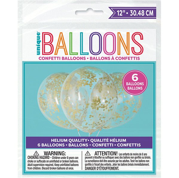 Clear Balloons With Gold Confetti Balloons 30cm (Pack of 6) - The Party Marketplace