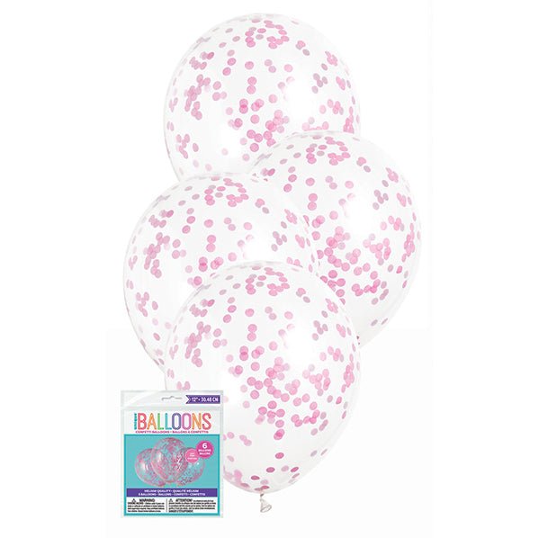 Clear Balloons With Hot Pink Confetti Balloons 30cm (Pack of 6) - The Party Marketplace