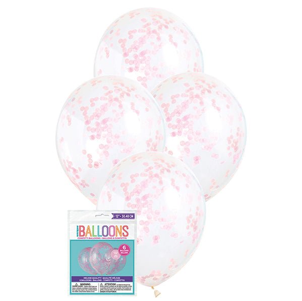 Clear Balloons With Lovely Pink Confetti Balloons 30cm (Pack of 6) - The Party Marketplace