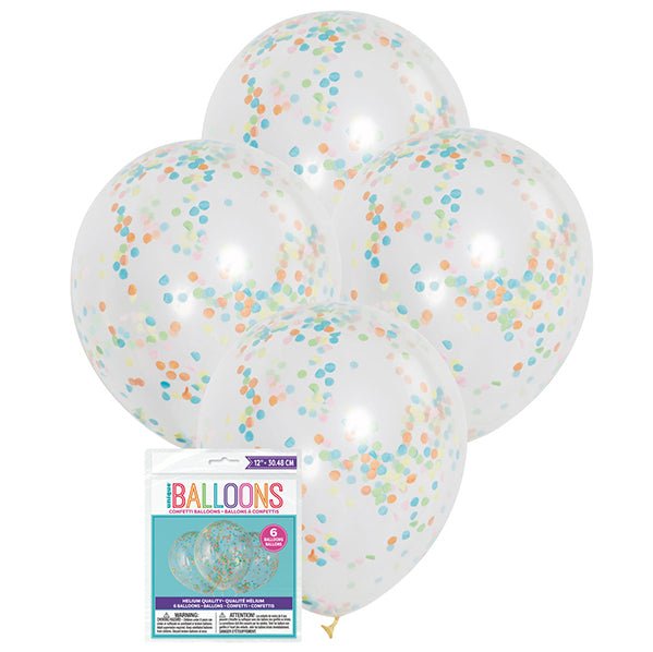 Clear Balloons With Multi Coloured Confetti Balloons 30cm (Pack of 6) - The Party Marketplace