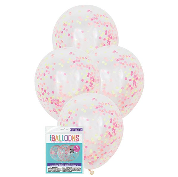 Clear Balloons With Neon Confetti Balloons 30cm (Pack of 6) - The Party Marketplace