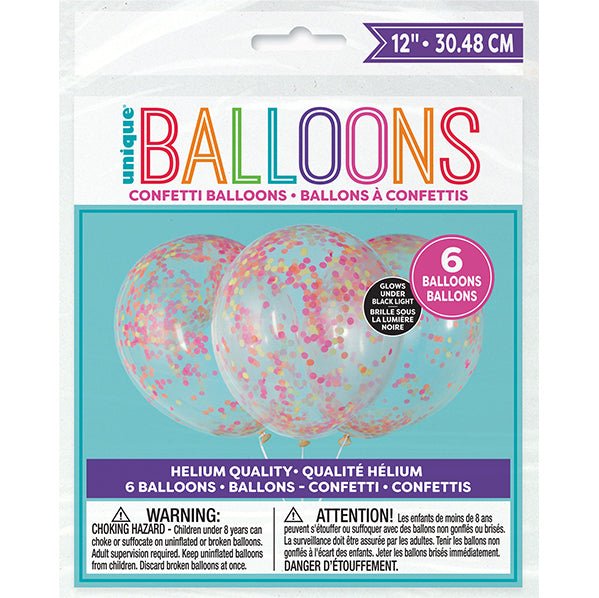 Clear Balloons With Neon Confetti Balloons 30cm (Pack of 6) - The Party Marketplace