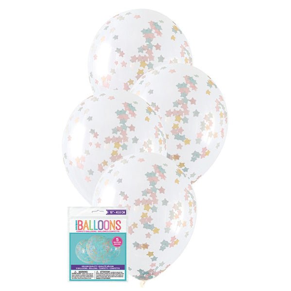 Clear Balloons With Pink, Blue & Gold Star Confetti Balloons 40cm (Pack of 5) - The Party Marketplace