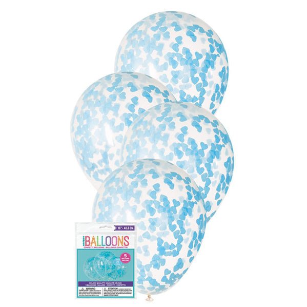 Clear Balloons With Powder Blue Heart Confetti Balloons 40cm (Pack of 5) - The Party Marketplace