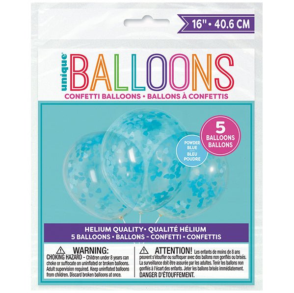 Clear Balloons With Powder Blue Heart Confetti Balloons 40cm (Pack of 5) - The Party Marketplace