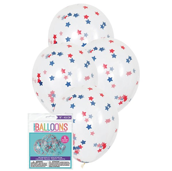 Clear Balloons With Red & Blue Star Tissue Confetti Balloons 40cm (Pack of 5) - The Party Marketplace