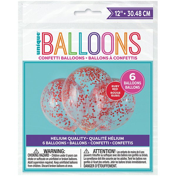 Clear Balloons With Ruby Red Confetti Balloons 30cm (Pack of 6) - The Party Marketplace
