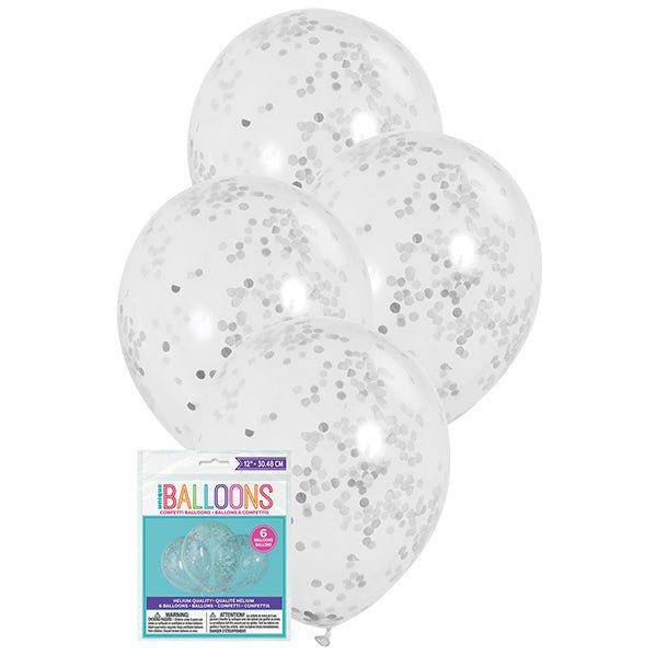 Clear Balloons With Silver Confetti Balloons 30cm (Pack of 6) - The Party Marketplace