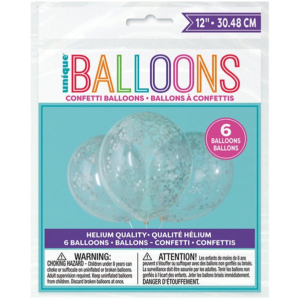 Clear Balloons With Silver Confetti Balloons 30cm (Pack of 6) - The Party Marketplace