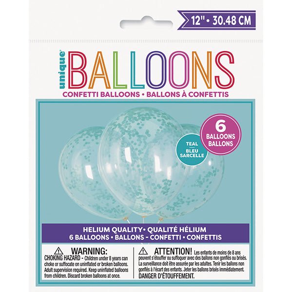 Clear Balloons With Teal Confetti Balloons 30cm (Pack of 6) - The Party Marketplace