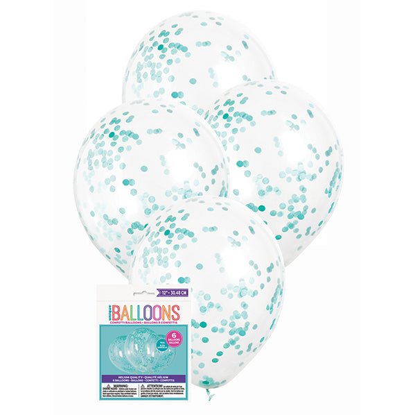 Clear Balloons With Teal Confetti Balloons 30cm (Pack of 6) - The Party Marketplace
