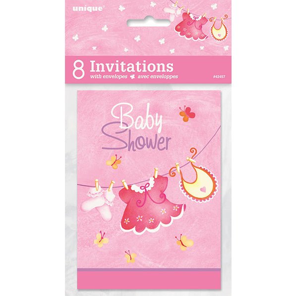 Clothesline Pink Baby Shower Invitations (Pack of 8) - The Party Marketplace