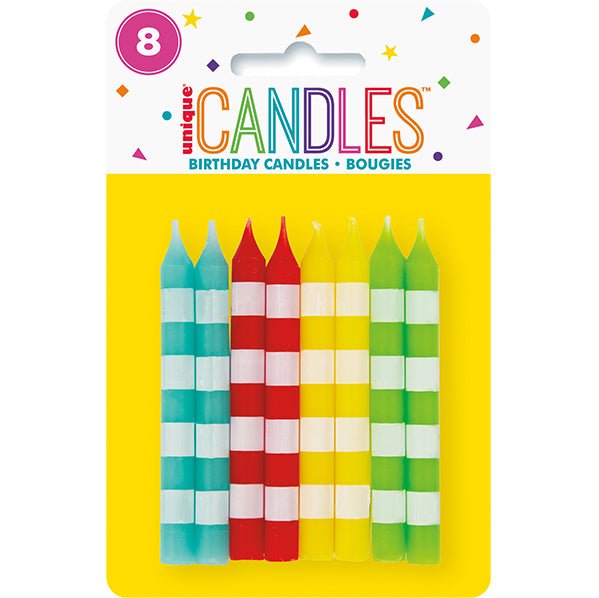 Colour Striped Candles - Assorted Candles (Pack of 8) - The Party Marketplace