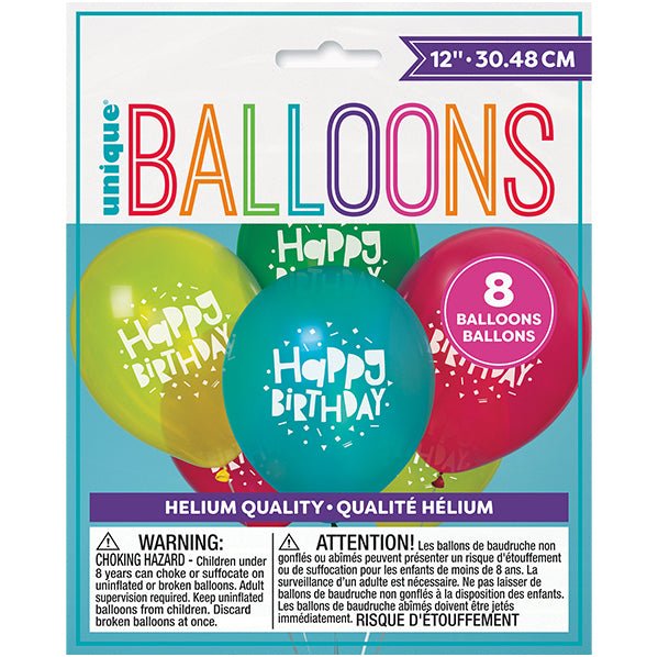 Colourful Birthday "Happy Birthday" Assorted Colour Balloons 30cm (Pack of 8) - The Party Marketplace