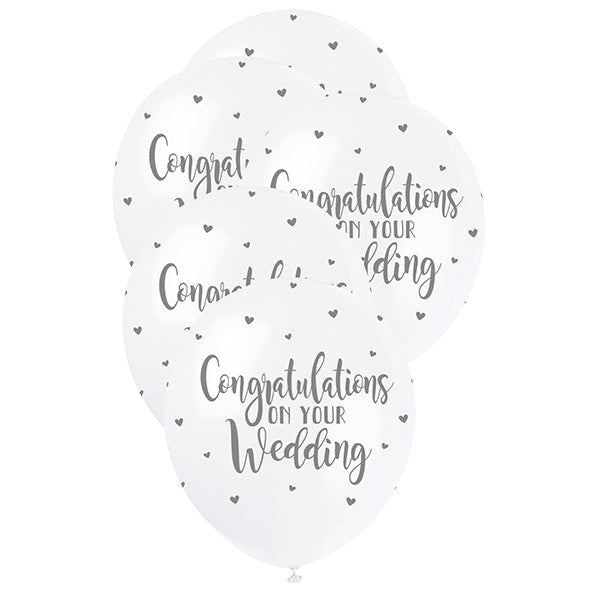 "Congrats On Your Wedding" Silver & White Pearl Balloons 30cm (Pack of 5) - The Party Marketplace