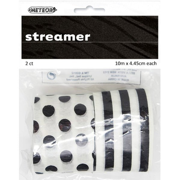 Crepe Streamers Stripes & Dots - Black (Pack of 2) - The Party Marketplace