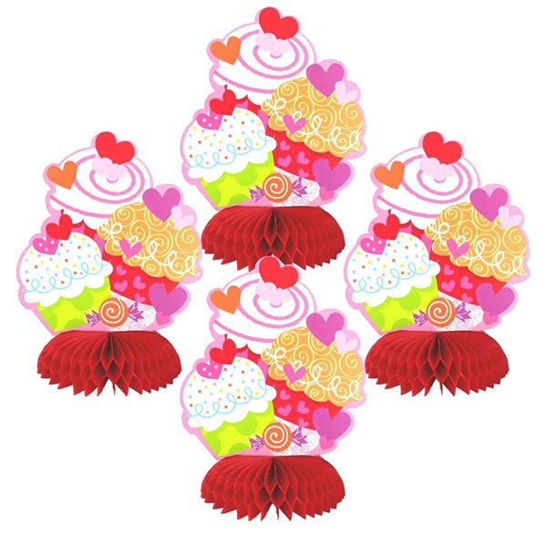 Cupcake Hearts Mini Honeycomb Decorations (Pack of 4) - The Party Marketplace