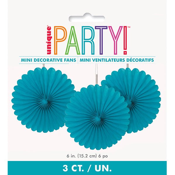 Decorative Fan - Caribbean Teal 15cm (Pack of 3) - The Party Marketplace