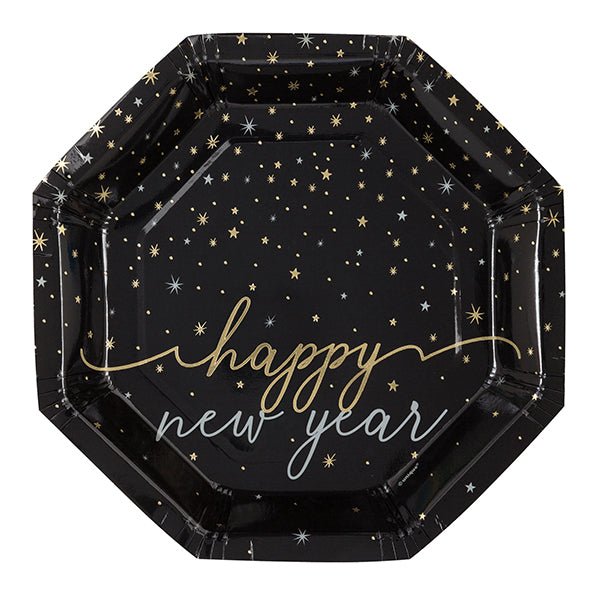 Disco New Year Foil Stamped Octagonal Paper Plates 23cm (Pack of 8) - The Party Marketplace