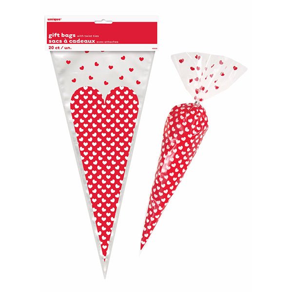 Dot Hearts Valentine Cone Cello Bags (Pack of 20) - The Party Marketplace