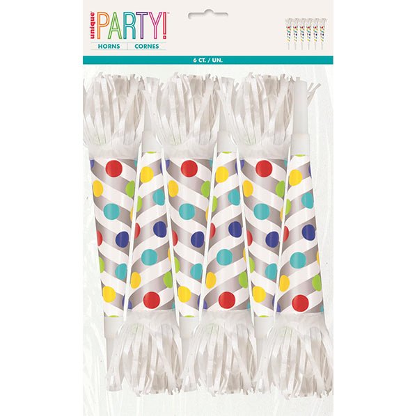 Dots Foil Horns With Fringe (Pack of 6) - The Party Marketplace