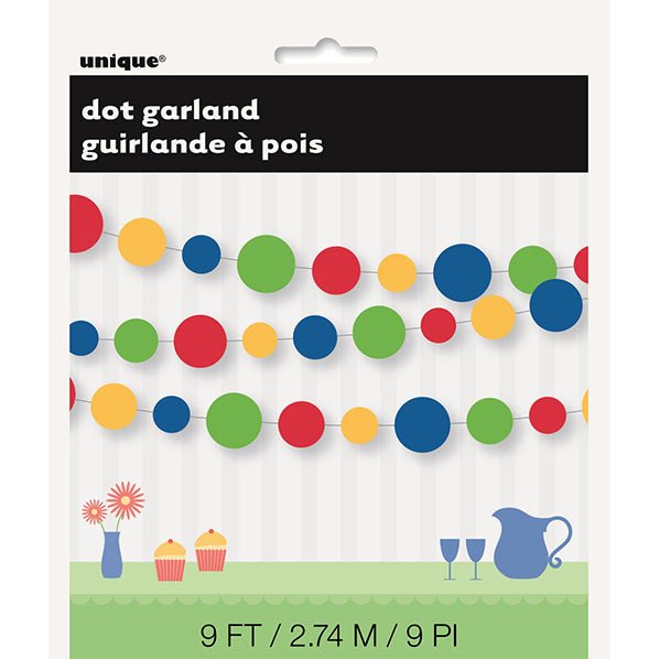 Dots Paper Garland - Green, Red, Yellow & Royal Blue (2.74m) - The Party Marketplace