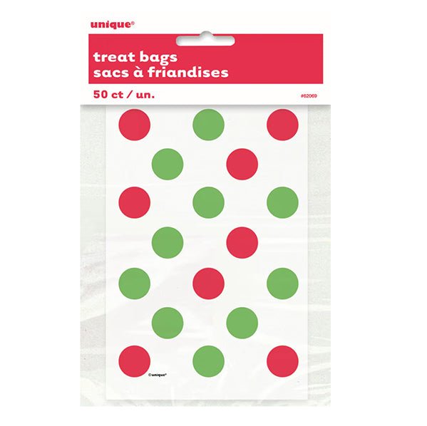 Dots Red & Green Plastic Treat Bags (Pack of 50) - The Party Marketplace