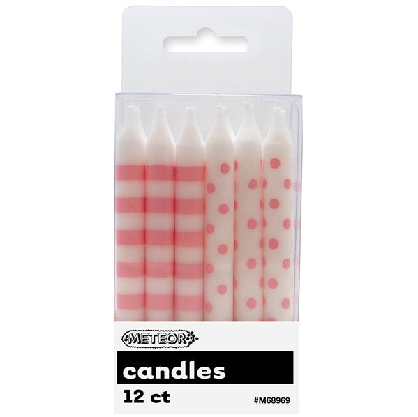 Dots & Stripes Candles - Lovely Pink (Pack of 12) - The Party Marketplace